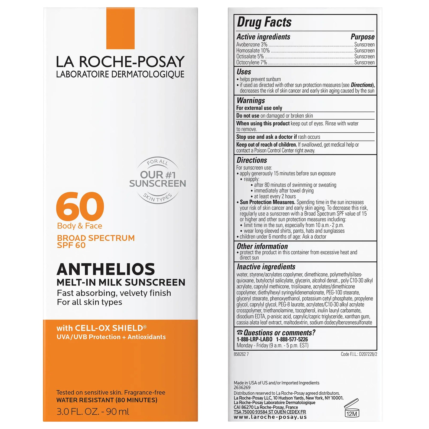 La Roche-Posay Anthelios Melt-In Milk Sunscreen SPF 60 | Sunscreen For Body & Face | Broad Spectrum SPF + Antioxidants | Oil Free Sunscreen Lotion | Lightweight & Fast Absorbing | Oxybenzone Free 3 Fl Oz (Pack of 1)