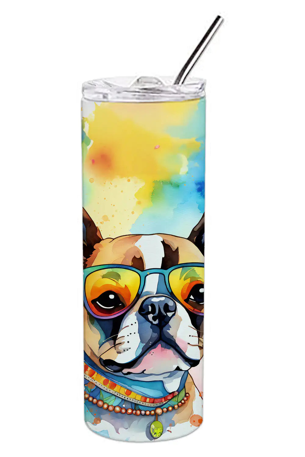 Boston Terrier Hippie Dawg Stainless Steel Skinny Tumbler