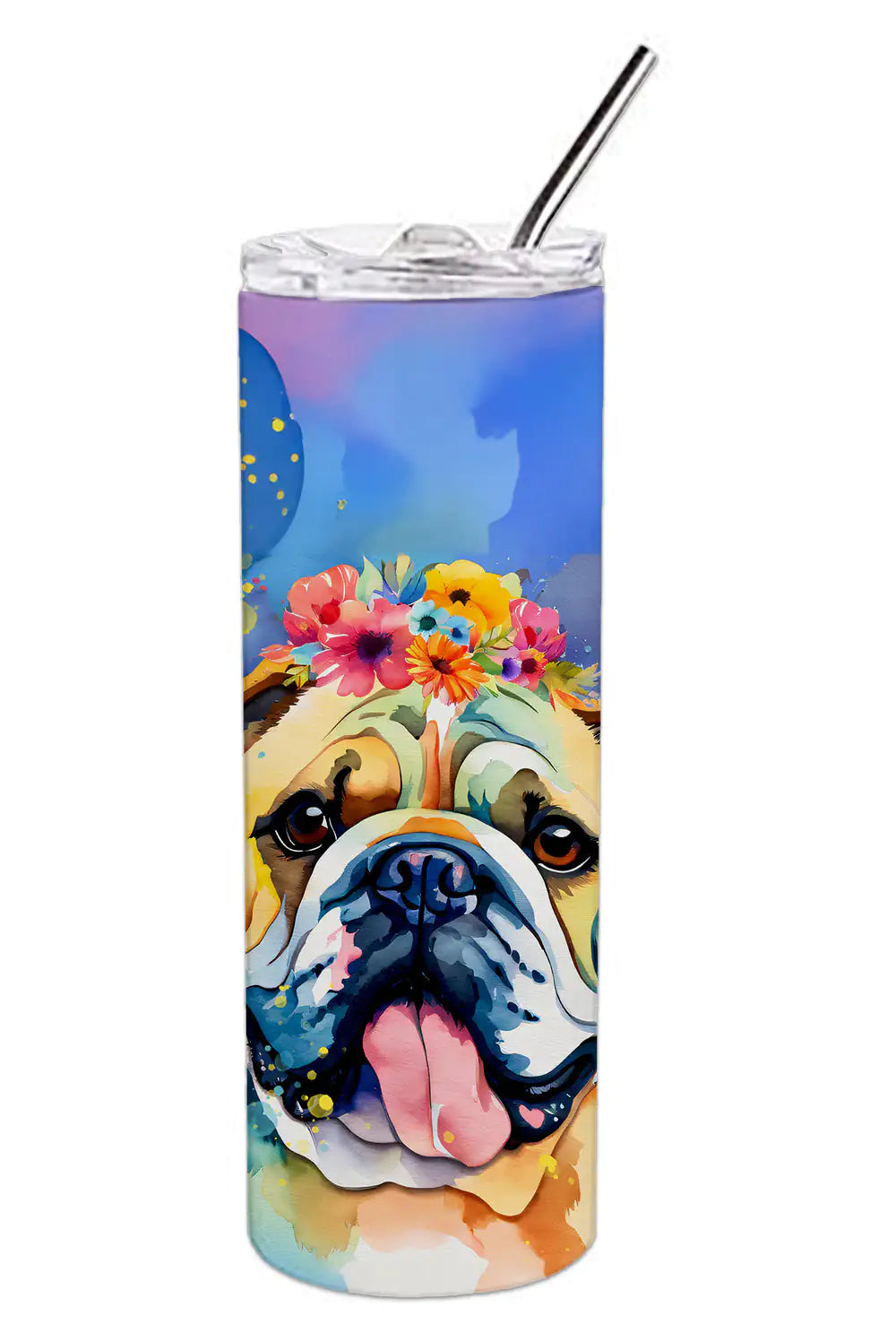 English Bulldog Hippie Dawg Stainless Steel Skinny Tumbler