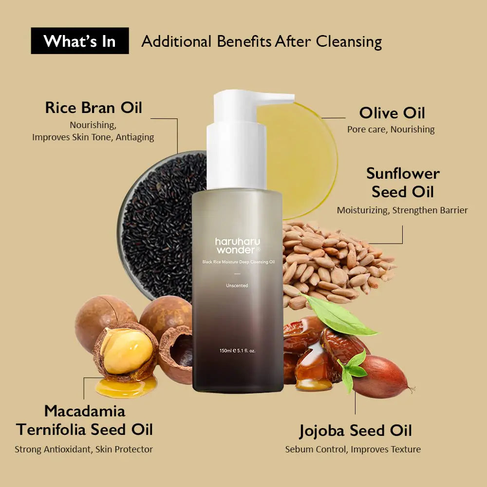 HARUHARU Wonder Black Rice Moisture Cleansing Oil 5.1 fl.oz / 150ml | Korean Facial Cleanser, Makeup Remover | Vegan, Cruelty Free | Jojoba Seed Oil, Macadamia Seed Oil 5.1 Fl Oz (Pack of 1)