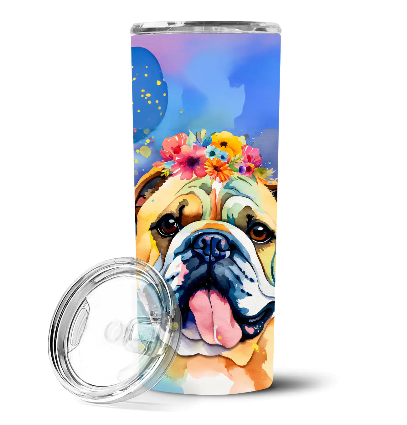 English Bulldog Hippie Dawg Stainless Steel Skinny Tumbler